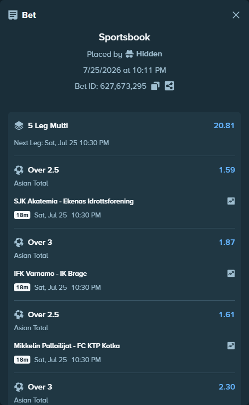 Bet slip: SJK Akatemia - Ekenas Idrottsforening, $50,000.00 stake at 1.59 odds, placed by Hidden