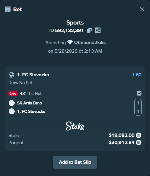 Bet slip: SK Artis Brno - 1. FC Slovacko Uherske Hradiste, $16,683.64 stake at 1.62 odds, placed by Othmane2kiks