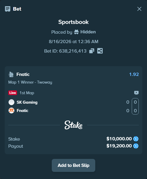 Bet slip: SK Gaming - Fnatic, $10,000.00 stake at 1.92 odds, placed by Hidden
