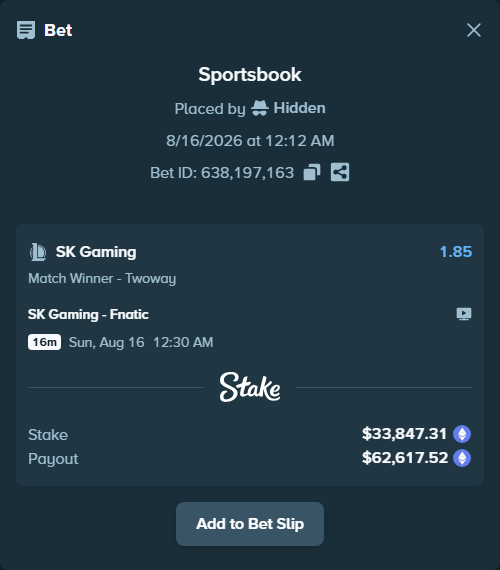 Bet slip: SK Gaming - Fnatic, $33,905.52 stake at 1.85 odds, placed by Hidden