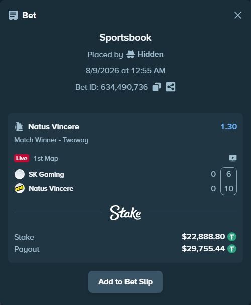 Bet slip: SK Gaming - Natus Vincere, $22,911.69 stake at 1.30 odds, placed by Hidden