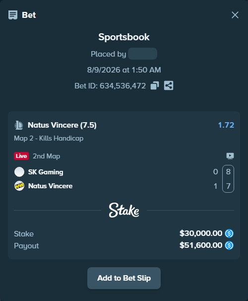 Bet slip: SK Gaming - Natus Vincere, $30,000.00 stake at 1.72 odds, placed by Mwillalwayswin