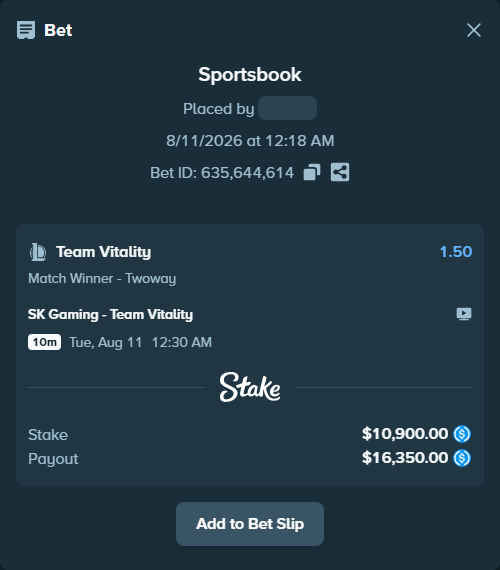 Bet slip: SK Gaming - Team Vitality, $10,900.00 stake at 1.50 odds, placed by Andremila