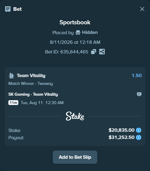 Bet slip: SK Gaming - Team Vitality, $20,835.00 stake at 1.50 odds, placed by Hidden