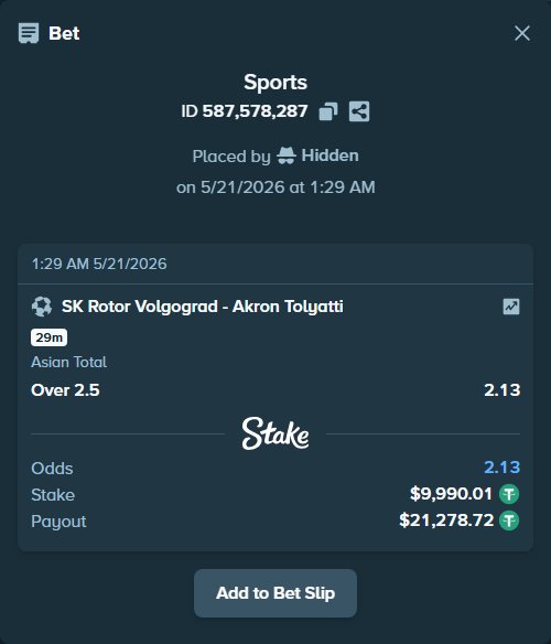 Bet slip: SK Rotor Volgograd - Akron Tolyatti, $10,000.00 stake at 2.13 odds, placed by Hidden