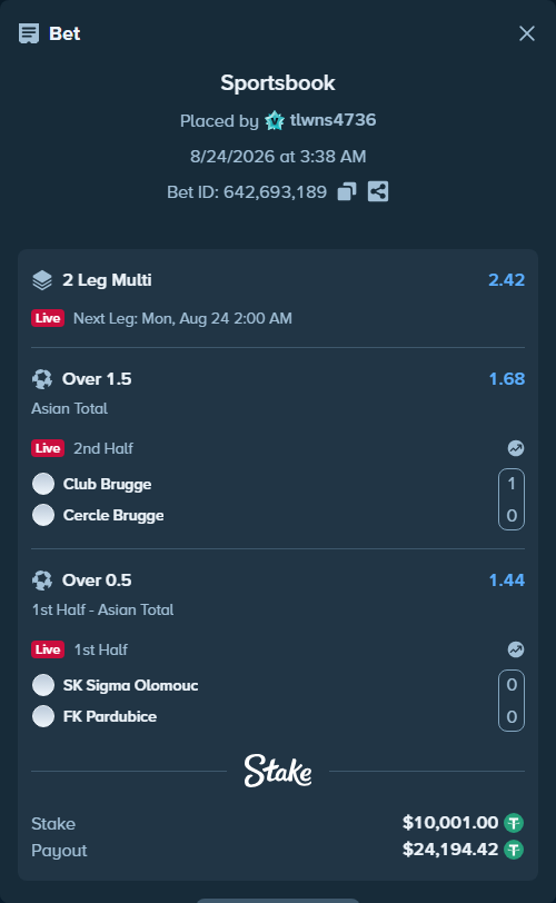 Bet slip: SK Sigma Olomouc - FK Pardubice, $10,000.00 stake at 1.44 odds, placed by tlwns4736