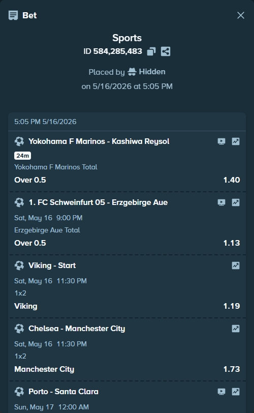 Bet slip: SK Slovan Bratislava - MFK Zemplin Michalovce, $10,000.00 stake at 1.31 odds, placed by Hidden