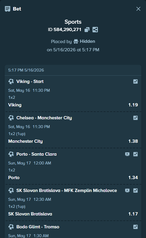 Bet slip: SK Slovan Bratislava - MFK Zemplin Michalovce, $15,000.00 stake at 1.17 odds, placed by Hidden