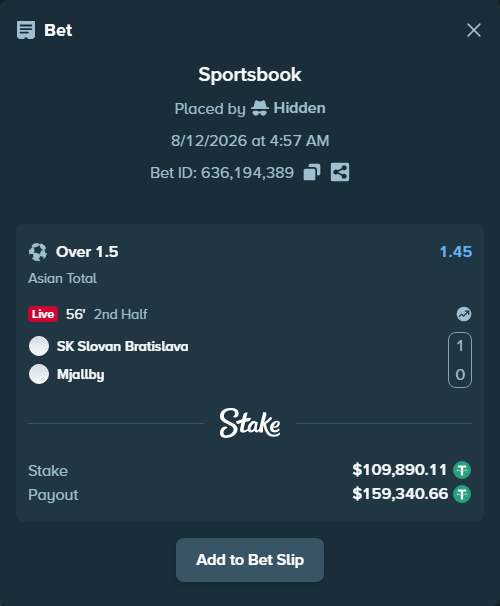 Bet slip: SK Slovan Bratislava - Mjallby, $110,000.00 stake at 1.45 odds, placed by Hidden