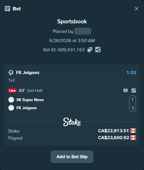 Bet slip: SK Super Nova - FS Jelgava, $16,956.00 stake at 1.03 odds, placed by DZertwarrior18