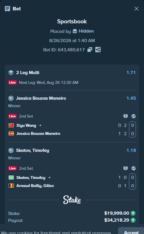 Bet slip: Skatov, Timofey - Bailly, Gilles Arnaud, $19,999.00 stake at 1.18 odds, placed by Hidden