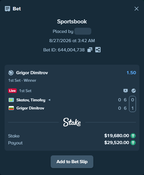 Bet slip: Skatov, Timofey - Grigor Dimitrov, $19,680.00 stake at 1.50 odds, placed by DooDLeZ1love