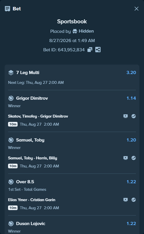 Bet slip: Skatov, Timofey - Grigor Dimitrov, $75,000.00 stake at 1.14 odds, placed by Hidden