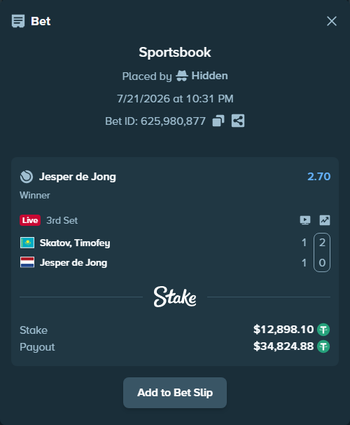 Bet slip: Skatov, Timofey - Jesper de Jong, $12,911.00 stake at 2.70 odds, placed by Hidden