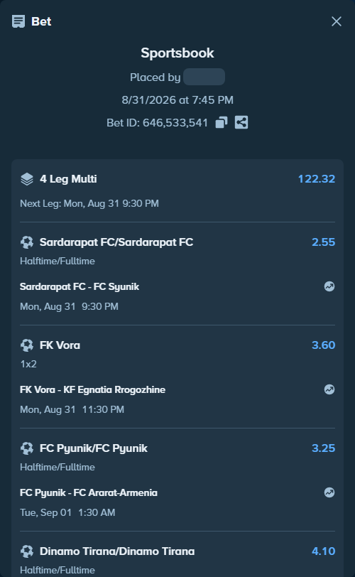 Bet slip: Skenderbeu Korce - FC Dinamo City, $25,695.35 stake at 4.10 odds, placed by kabic555