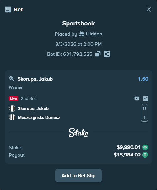 Bet slip: Skorupa, Jakub - Maszczynski, Dariusz, $10,000.00 stake at 1.60 odds, placed by Hidden