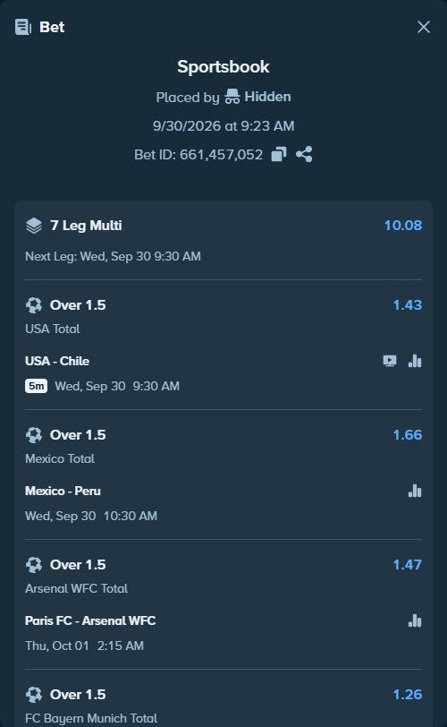 Bet slip: SL Benfica - Bayern Munich, $10,010.53 stake at 1.26 odds, placed by Hidden