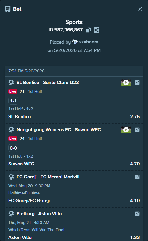 Bet slip: SL Benfica U23 - Santa Clara, $31,112.32 stake at 2.75 odds, placed by xxxboom