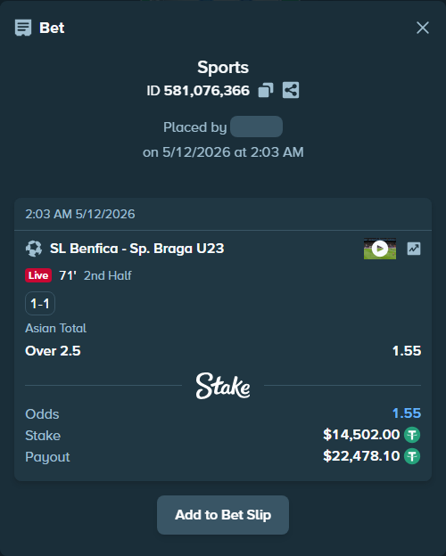 Bet slip: SL Benfica U23 - Sporting Braga, $14,502.00 stake at 1.55 odds, placed by rmaghsdudthd