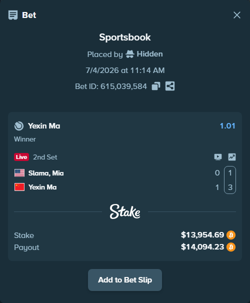 Bet slip: Slama, Mia - Yexin Ma, $14,042.50 stake at 1.01 odds, placed by Hidden