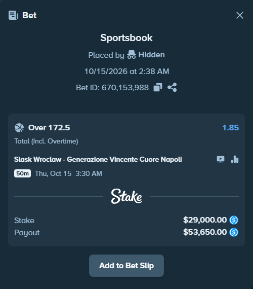 Bet slip: Slask Wroclaw - Napoli Basket, $29,000.00 stake at 1.85 odds, placed by Hidden