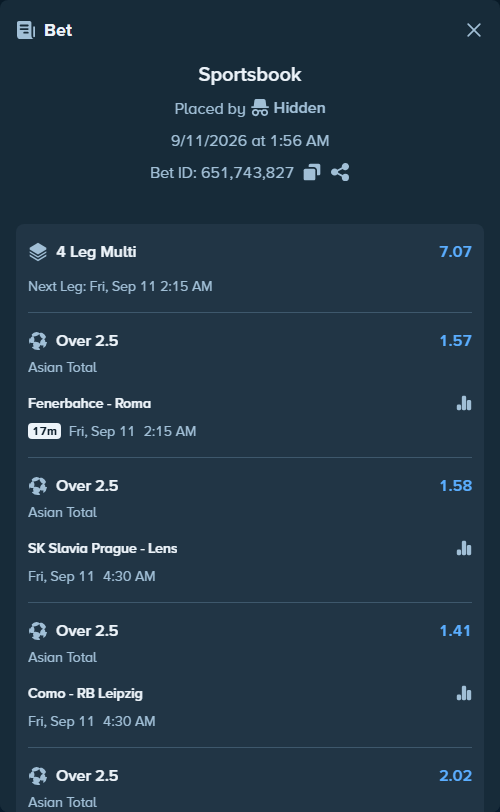 Bet slip: Slavia Prague - Lens, $22,070.00 stake at 1.58 odds, placed by Hidden