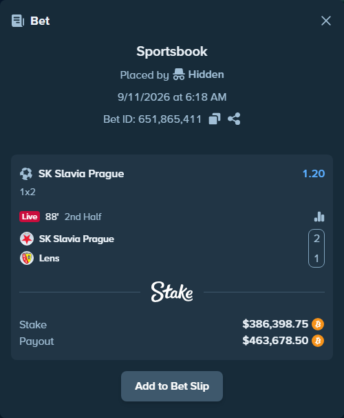 Bet slip: Slavia Prague - Lens, $385,550.00 stake at 1.20 odds, placed by Hidden