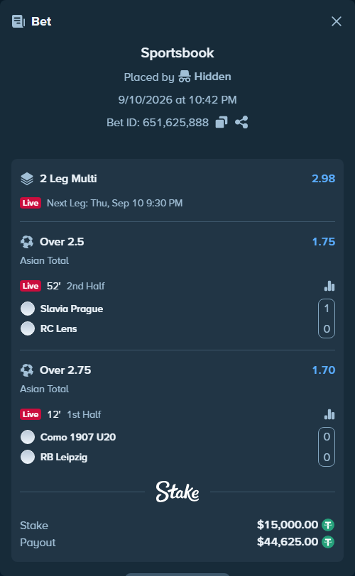 Bet slip: Slavia Prague - RC Lens, $15,000.00 stake at 1.75 odds, placed by Hidden