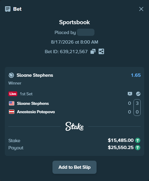 Bet slip: Sloane Stephens - Anastasia Potapova, $15,500.48 stake at 1.65 odds, placed by privetmedvet15