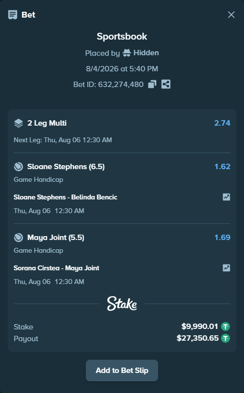 Bet slip: Sloane Stephens - Belinda Bencic, $10,000.00 stake at 1.62 odds, placed by Hidden