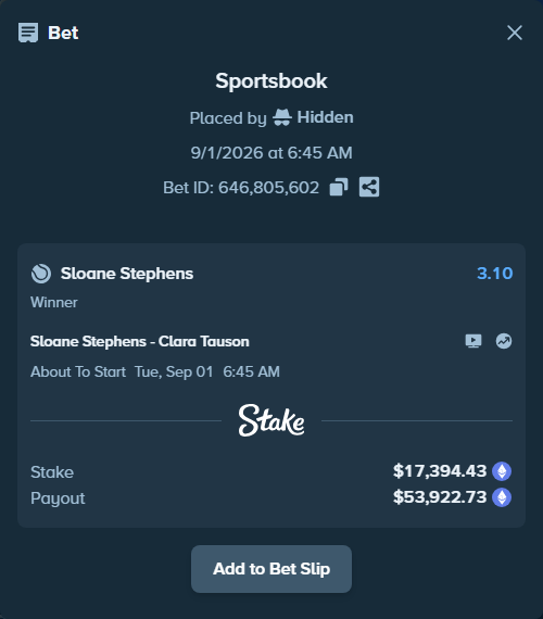 Bet slip: Sloane Stephens - Clara Tauson, $17,378.26 stake at 3.10 odds, placed by Hidden