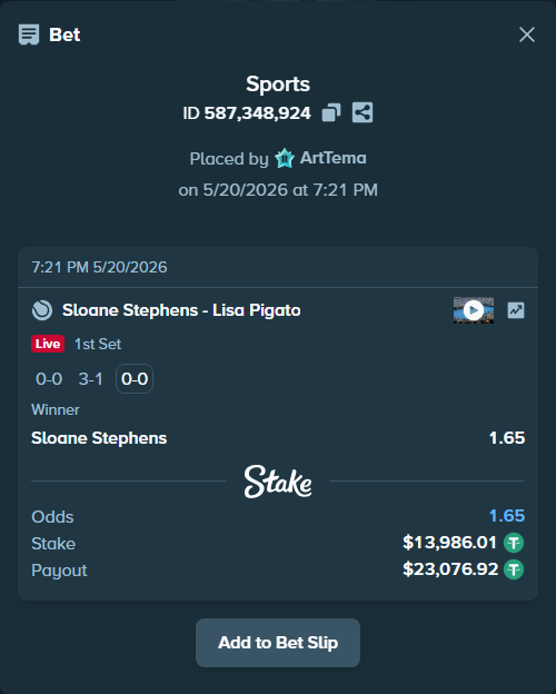 Bet slip: Sloane Stephens - Lisa Pigato, $14,000.00 stake at 1.65 odds, placed by ArtTema