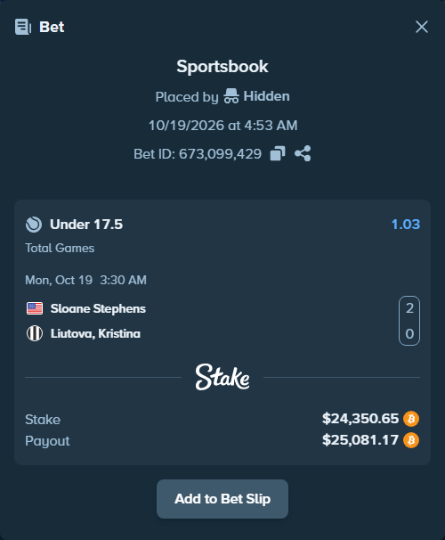 Bet slip: Sloane Stephens - Liutova, Kristina, $24,270.30 stake at 1.03 odds, placed by Hidden