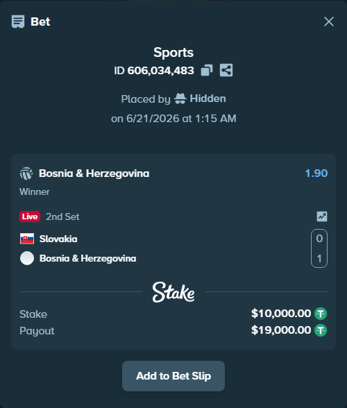 Bet slip: Slovakia - Bosnia & Herzegovina, $10,010.00 stake at 1.90 odds, placed by Hidden