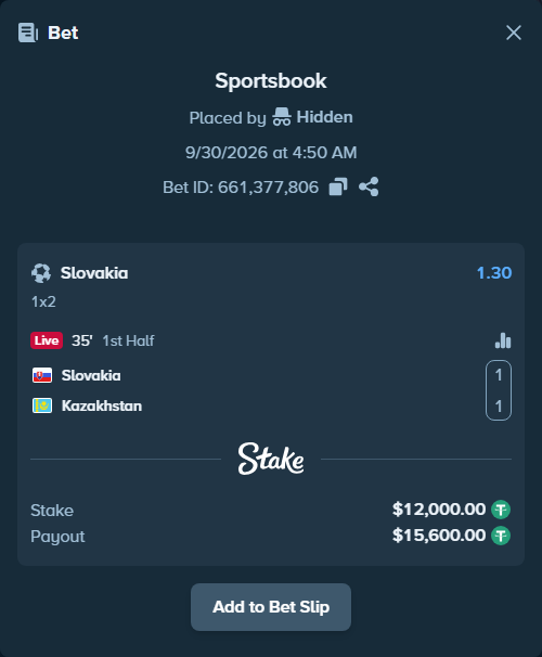 Bet slip: Slovakia - Kazakhstan, $12,000.00 stake at 1.30 odds, placed by Palo6