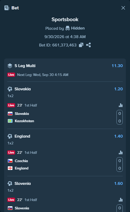 Bet slip: Slovakia - Kazakhstan, $20,651.10 stake at 1.20 odds, placed by Hidden