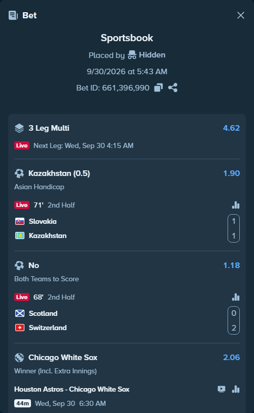 Bet slip: Slovakia - Kazakhstan, $25,000.00 stake at 1.90 odds, placed by Hidden