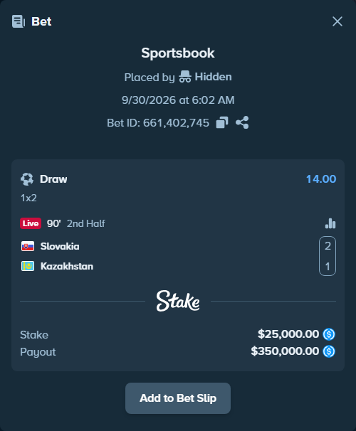 Bet slip: Slovakia - Kazakhstan, $25,000.00 stake at 14.00 odds, placed by Hidden