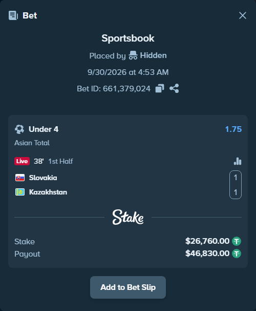 Bet slip: Slovakia - Kazakhstan, $26,760.00 stake at 1.75 odds, placed by Hidden