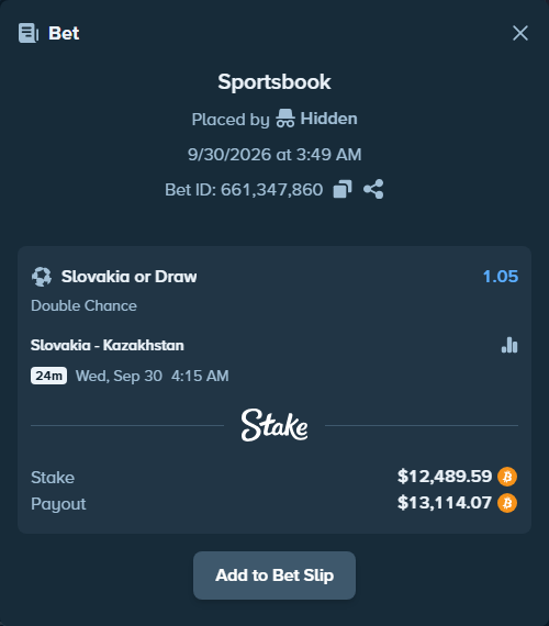 Bet slip: Slovakia - Kazakhstan, $9,750.00 stake at 1.05 odds, placed by VictorValeriu