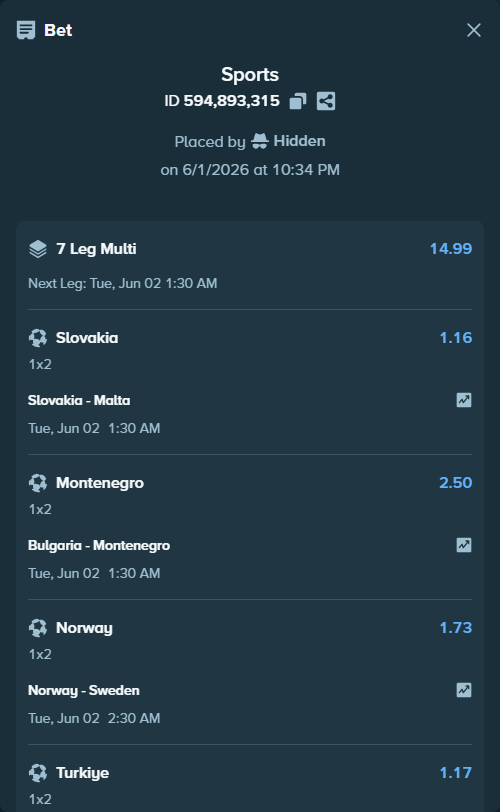 Bet slip: Slovakia - Malta, $10,608.60 stake at 1.16 odds, placed by Hidden