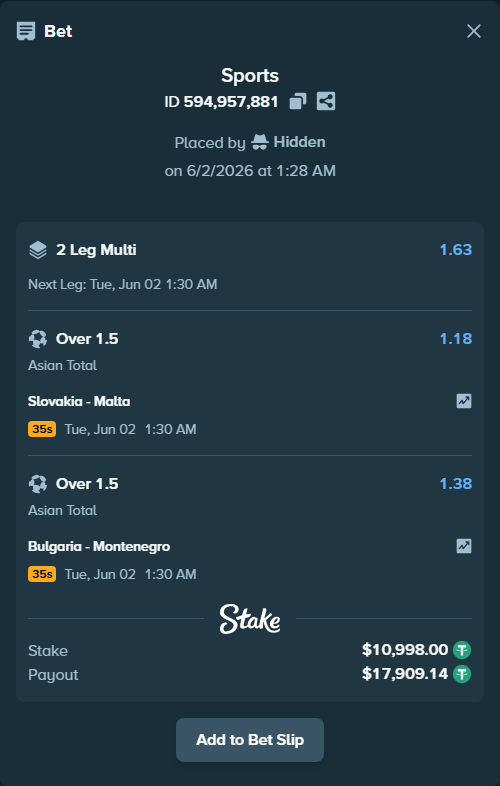 Bet slip: Slovakia - Malta, $11,009.00 stake at 1.18 odds, placed by Hidden
