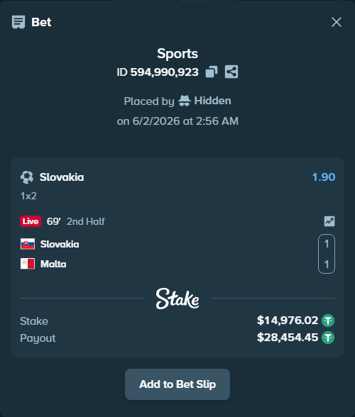 Bet slip: Slovakia - Malta, $14,991.00 stake at 1.90 odds, placed by Hidden
