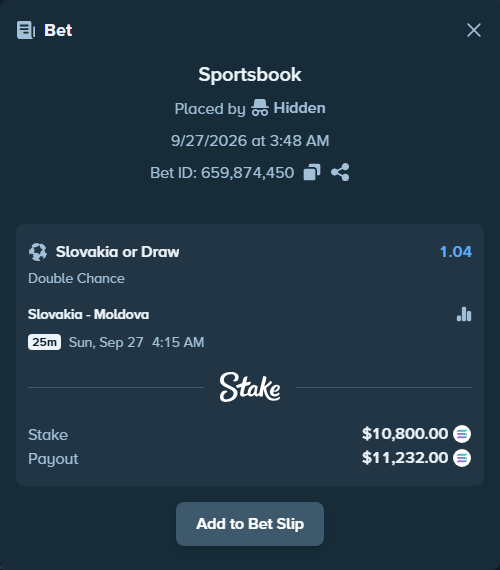 Bet slip: Slovakia - Moldova, $10,751.66 stake at 1.04 odds, placed by Hidden
