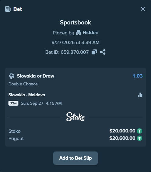 Bet slip: Slovakia - Moldova, $20,000.00 stake at 1.03 odds, placed by joarug