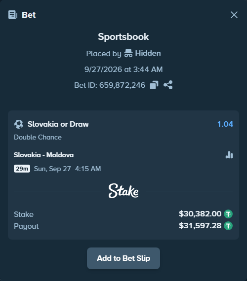 Bet slip: Slovakia - Moldova, $30,382.00 stake at 1.04 odds, placed by joarug
