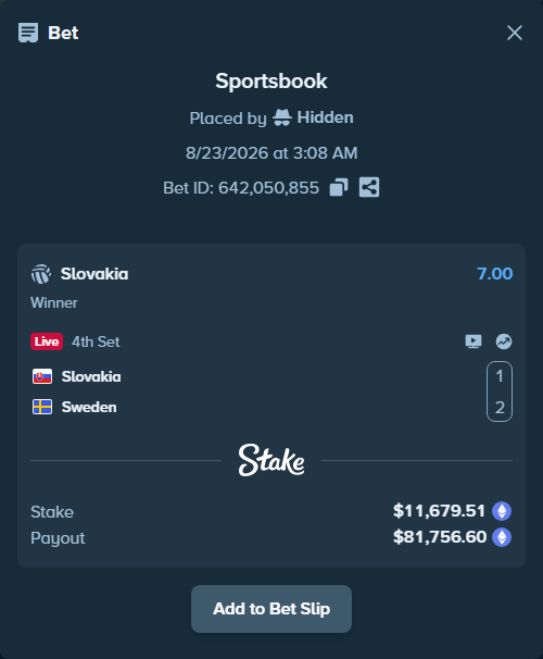 Bet slip: Slovakia - Sweden, $11,699.31 stake at 7.00 odds, placed by Hidden