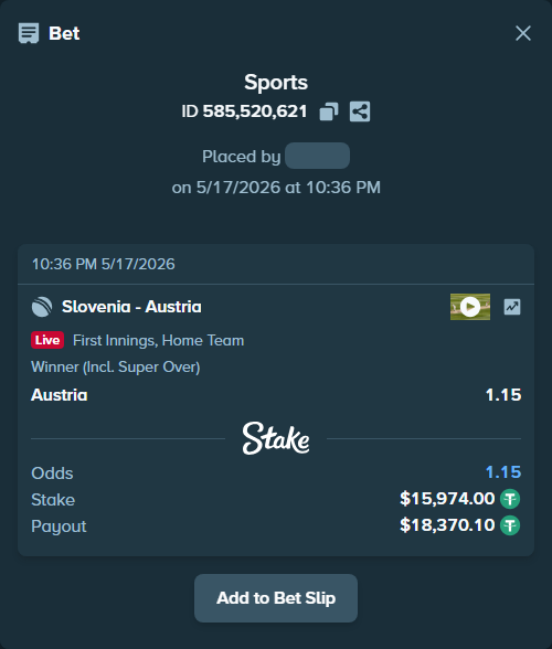 Bet slip: Slovenia - Austria, $15,974.00 stake at 1.15 odds, placed by Pochamma660