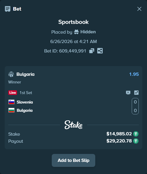 Bet slip: Slovenia - Bulgaria, $15,000.00 stake at 1.95 odds, placed by Hidden