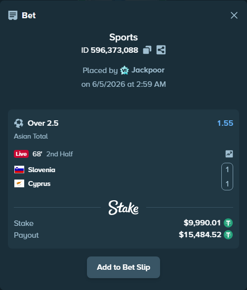 Bet slip: Slovenia - Cyprus, $10,000.00 stake at 1.55 odds, placed by Jackpoor
